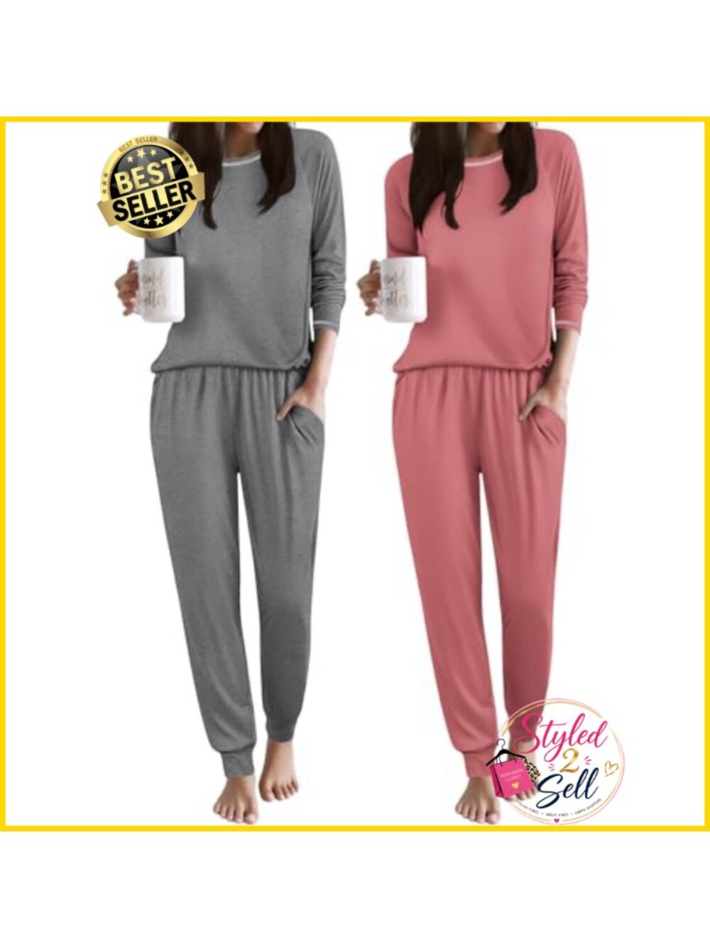 2 Pack Womens Soft Pajama Sets Long Sleeve Jogger Lounge PJs Pockets